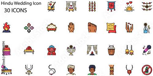 Set of Hindu Wedding icons. Line art style icons bundle. vector illustration