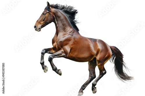 A powerful brown horse rearing up against a white background.