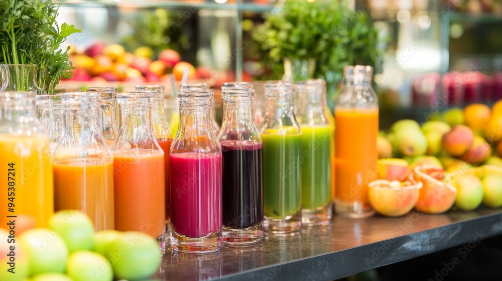 A colorful fruit juice bar setup with various juices like beet, carrot, and apple, displayed in clear bottles and glasses, with fresh fruits in the background. A colorful fruit juice bar setup with various juices like beet, carrot, and apple, displayed in clear bottles and glasses, with fresh fruits in the background.