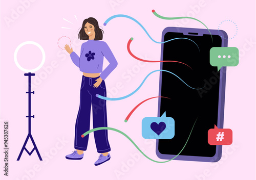 Jeune femme devant un pied à selfie avec le telephone en fond. Illustration vectorielle sur le thème de la generation Z.
