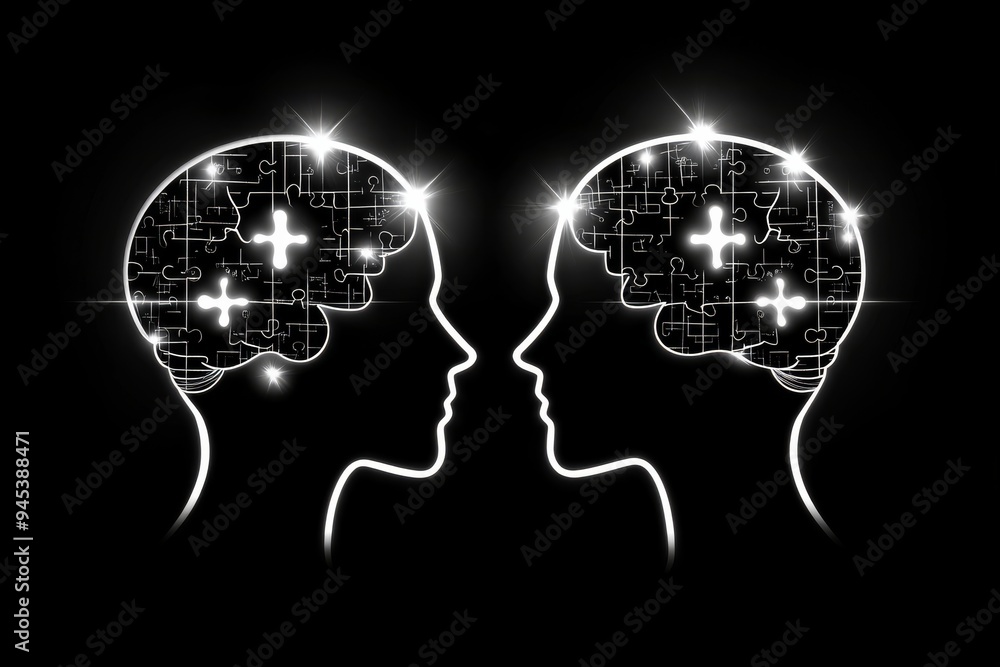 Two abstract human heads with glowing circuits symbolize the electrifying exchange of ideas and the powerful connection of minds in a digital futuristic environment Two abstract human heads with glowing circuits symbolize the electrifying exchange of ideas and the powerful connection of minds in a digital futuristic environment