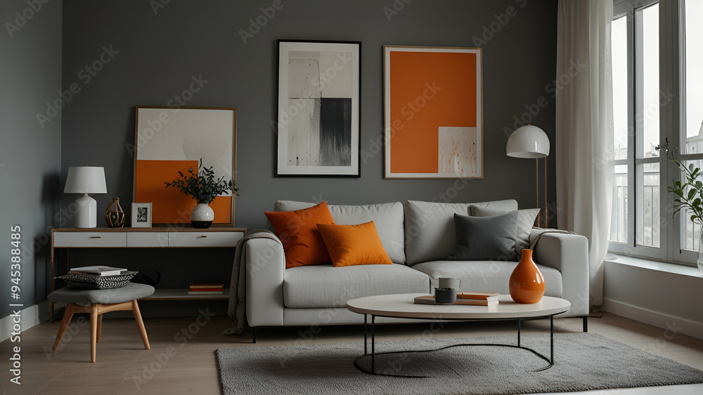 Minimalistic indoors living room interior design in white and orange colors Minimalistic indoors living room interior design in white and orange colors