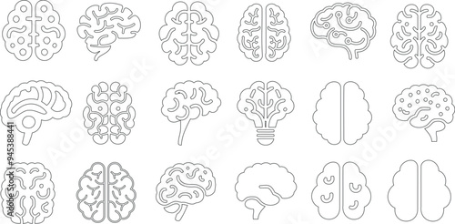 Brain icon line art vector set, human brain drawing vector illustration, neuroscience designs, mental health symbols, medical anatomy, creativity, cognitive science