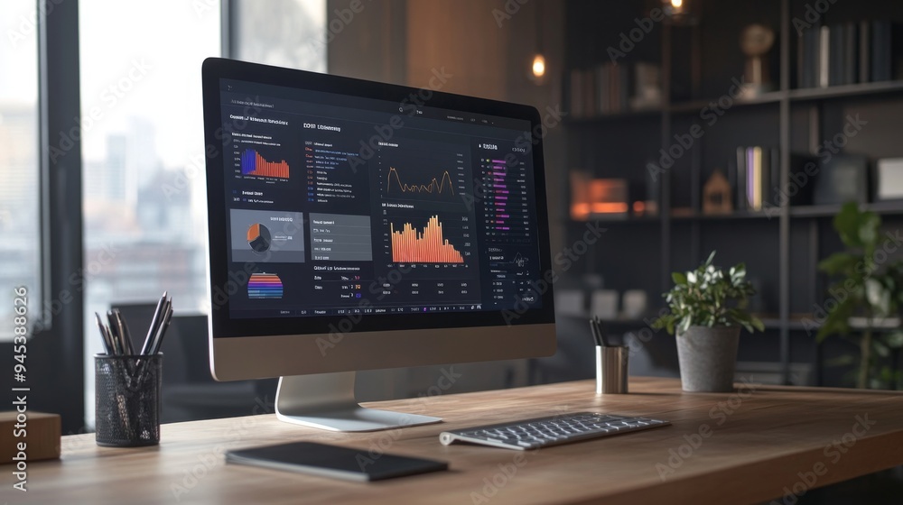 A computer monitor displaying a real-time financial dashboard with various graphs and metrics, showing live data updates in a sleek, modern office setting. A computer monitor displaying a real-time financial dashboard with various graphs and metrics, showing live data updates in a sleek, modern office setting.