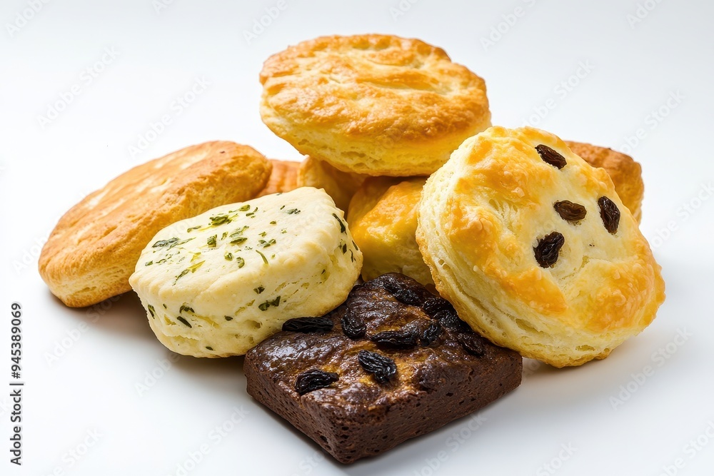 A variety of baked goods including biscuits and brownies arranged on a white background. A variety of baked goods including biscuits and brownies arranged on a white background.