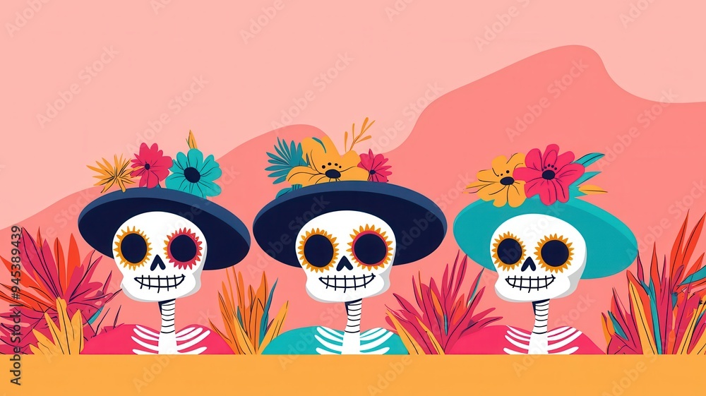Colorful skeletons in vibrant hats celebrate life with floral accents against a warm background, ideal for festive occasions. Colorful skeletons in vibrant hats celebrate life with floral accents against a warm background, ideal for festive occasions.