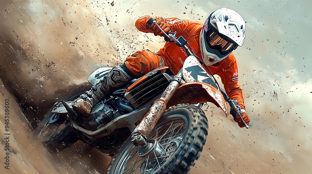 A motocross racer in full gear speeds through a dirt track, kicking up dust and grit. A motocross racer in full gear speeds through a dirt track, kicking up dust and grit.