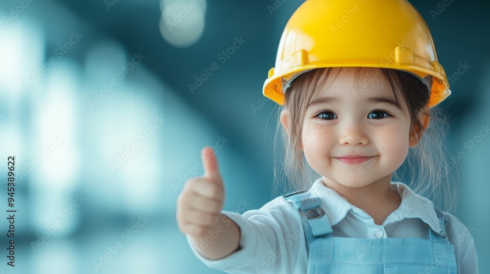 Cute Little Girl Wearing Yellow Hard Hat and Giving Thumbs Up Cute Little Girl Wearing Yellow Hard Hat and Giving Thumbs Up