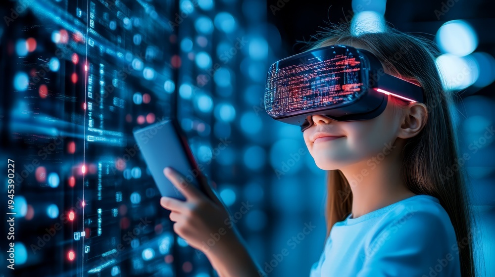 Young Girl Exploring Virtual Reality with Smartphone and VR Headset in Server Room Young Girl Exploring Virtual Reality with Smartphone and VR Headset in Server Room