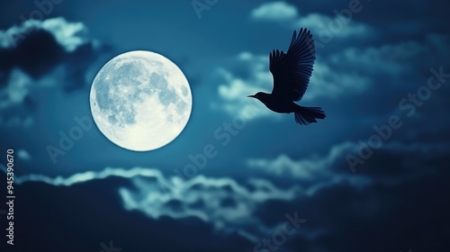 Silhouette of a Bird Flying Past the Full Moon
