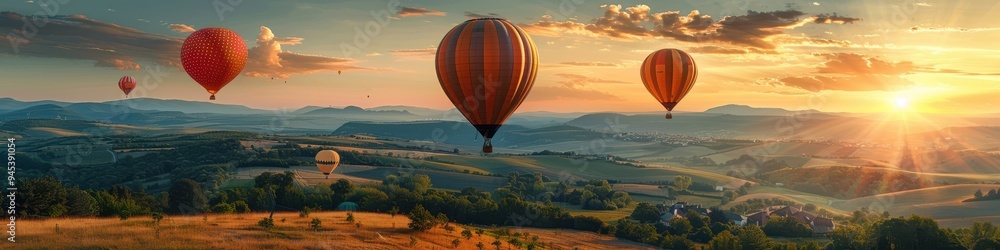 Fototapeta premium Vibrant hot air balloons floating in a clear blue sky over a colorful, blossoming field. Free copy space for banner.