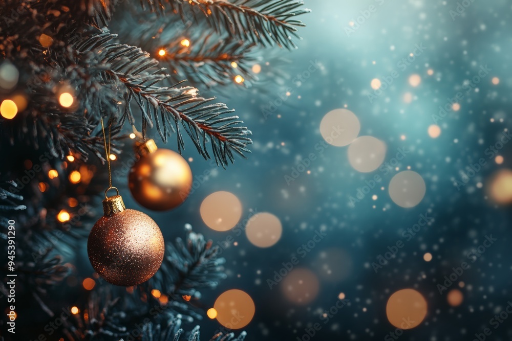 Obraz premium Golden Christmas ornament hanging on a decorated Christmas tree branch with a glowing background.