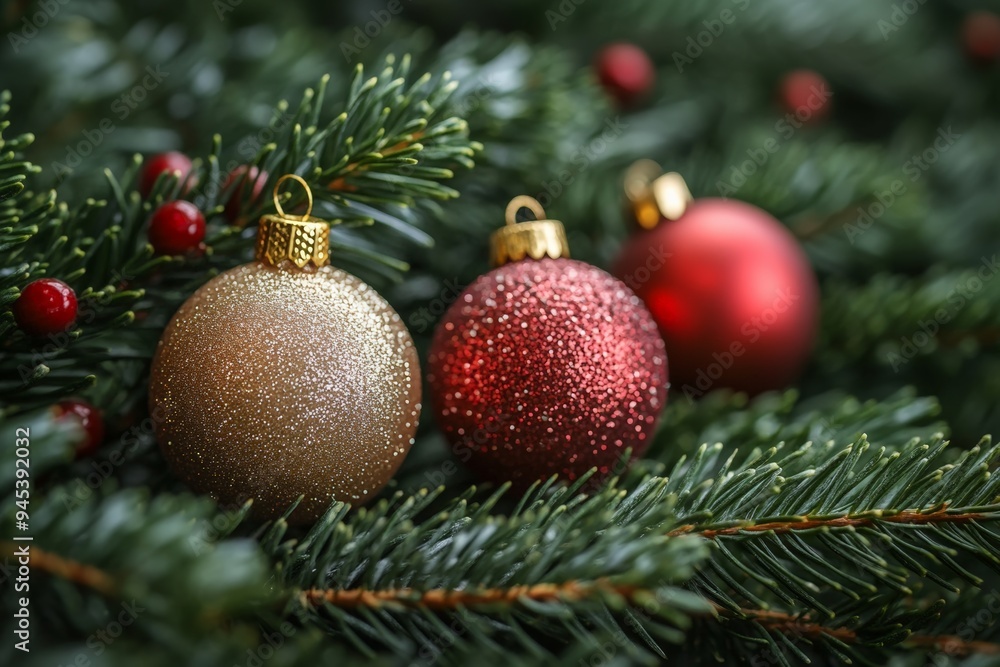Red Christmas ornaments on a green tree branch with a soft-focused background. Red Christmas ornaments on a green tree branch with a soft-focused background.