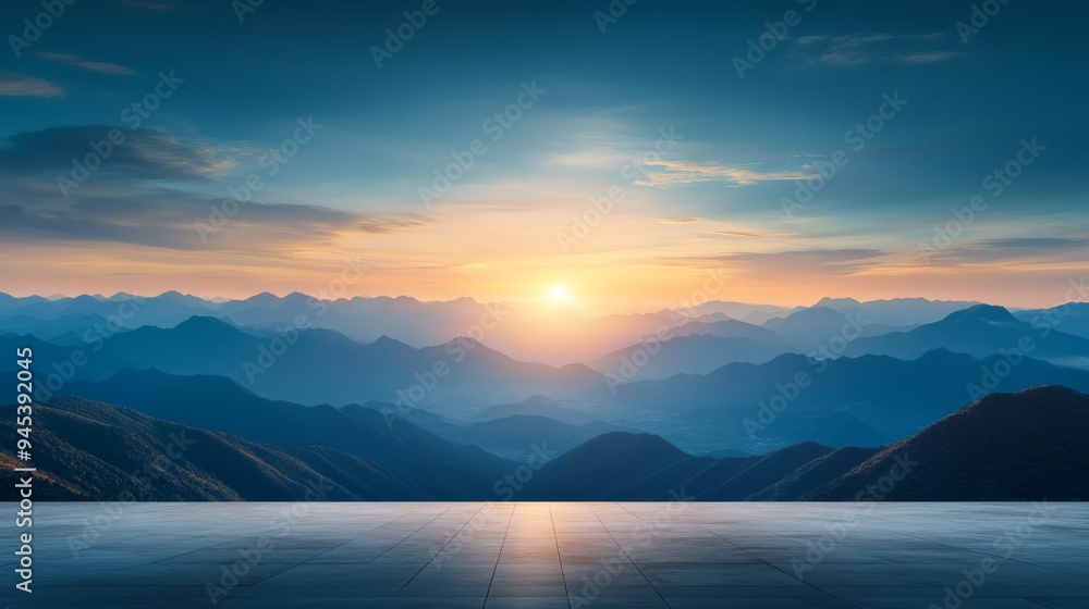 Mountain Range Sunset with Stone Floor Platform for Product Display Mountain Range Sunset with Stone Floor Platform for Product Display