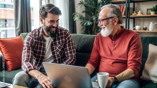 an adult hipster son and senior father at home