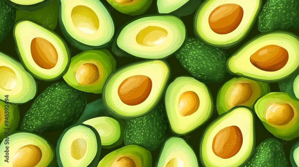 A vibrant arrangement of sliced and whole avocados showcasing their rich green colors. A vibrant arrangement of sliced and whole avocados showcasing their rich green colors.