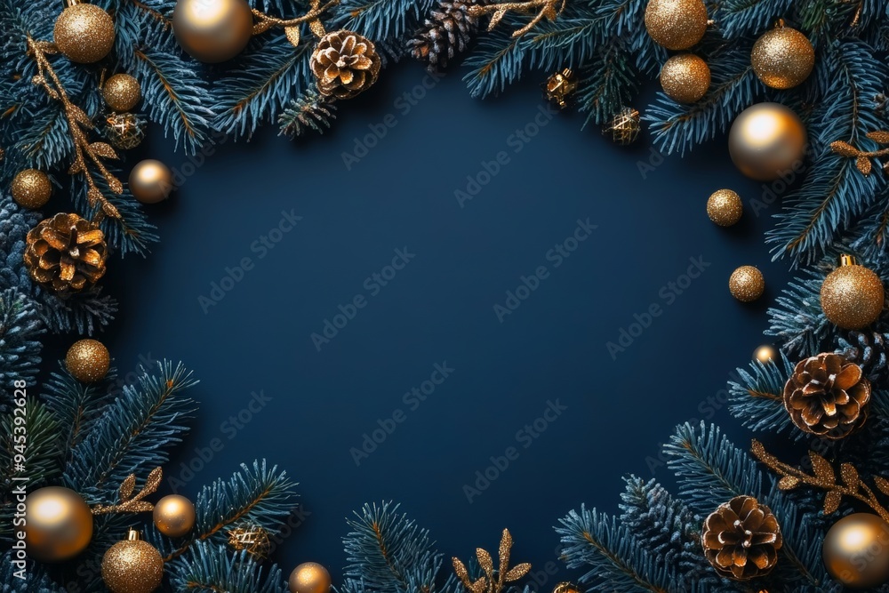 Festive Christmas frame with gold ornaments and pine branches on a dark blue textured background. Festive Christmas frame with gold ornaments and pine branches on a dark blue textured background.