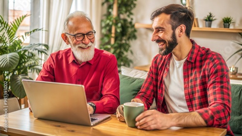 an adult hipster son and senior father at home