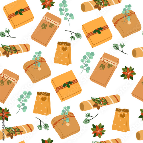 Christmas gifts pattern. Seamless background with Xmas present boxes in brown paper, kraft wrapping. Holiday craft surprises repeating print, texture design. Flat vector illustration for decoration