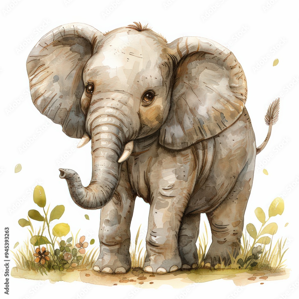 Fototapeta premium Watercolor painting of a baby elephant in a field of flowers. Detailed and charming, captures the playful nature and cuteness of the animal