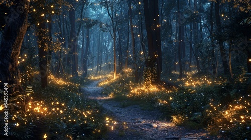 Enchanted Forest Path with Fireflies at Night - Magical Nature Scene