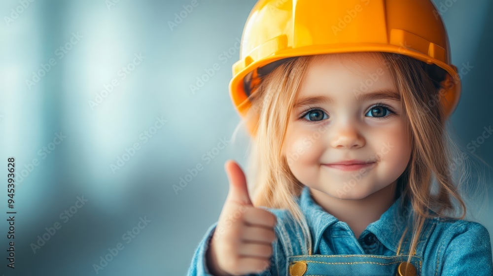 Happy Little Girl Wearing Yellow Hard Hat and Giving Thumbs Up Happy Little Girl Wearing Yellow Hard Hat and Giving Thumbs Up