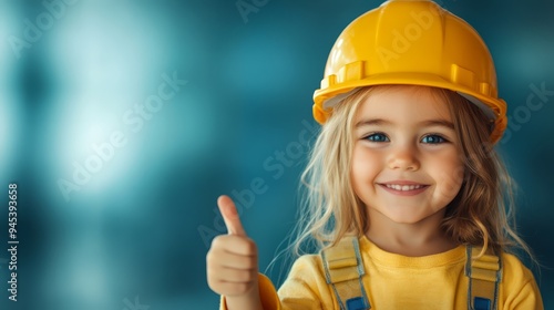 Happy Little Girl Wearing a Yellow Hard Hat and Giving a Thumbs Up