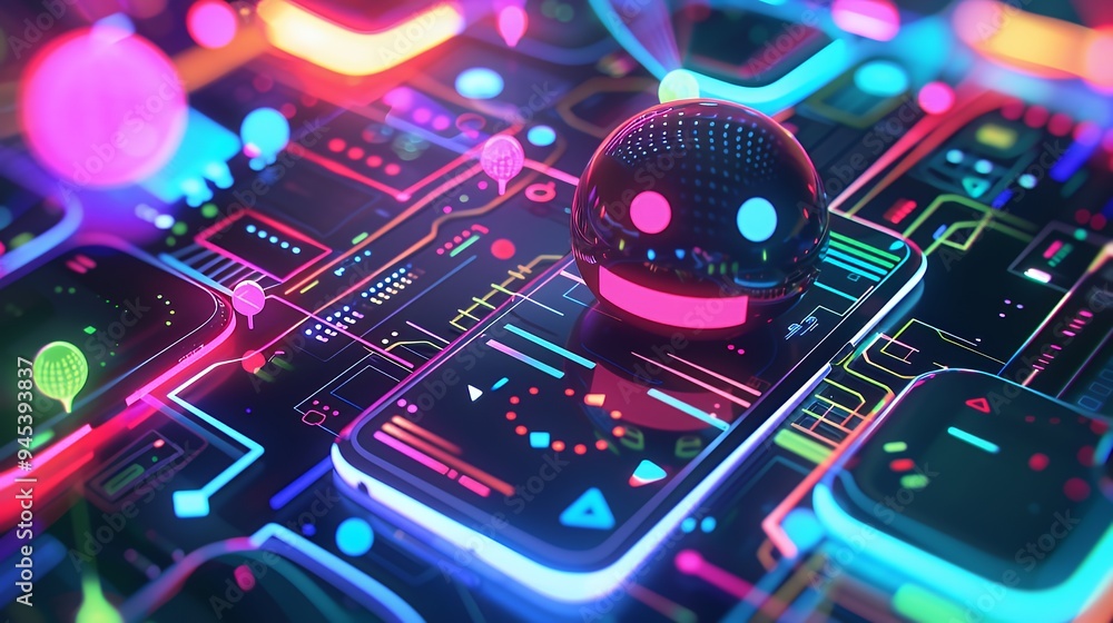 A vibrant digital scene featuring a smartphone and a playful robotic figure amidst colorful circuitry. A vibrant digital scene featuring a smartphone and a playful robotic figure amidst colorful circuitry.