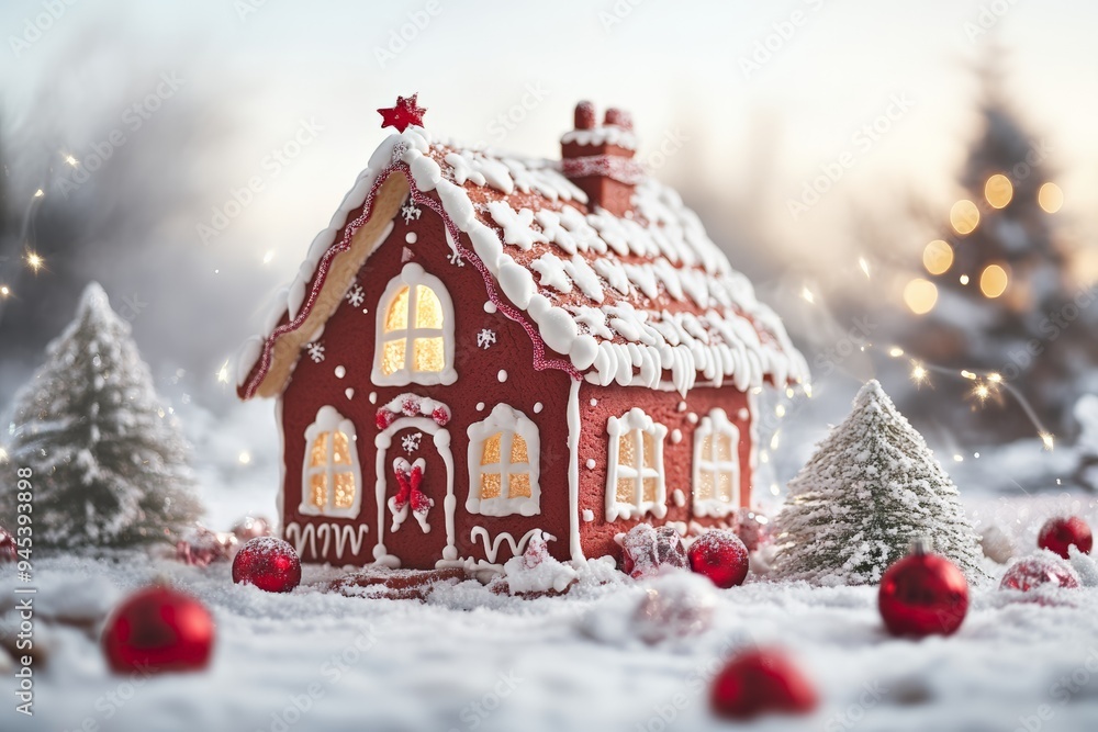 Naklejka premium A beautifully decorated gingerbread house with intricate icing details and festive decorations in a cozy Christmas setting.