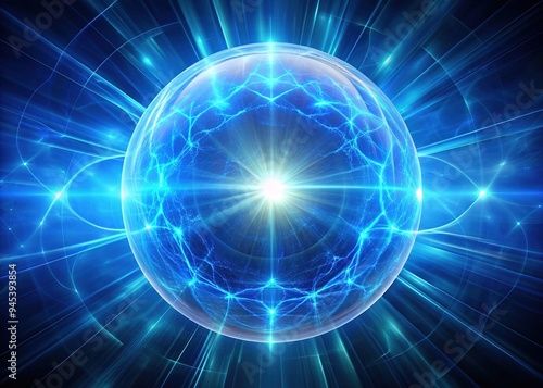 Luminous glowing blue sphere radiates intense energy, pulsing with vibrant light, symbolizing innovation, technology, and dynamic power in a futuristic abstract background.