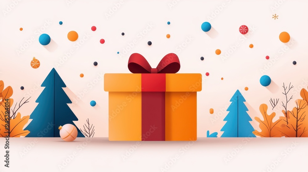 A large gift box with a red bow sits in front of two Christmas trees and festive confetti. A large gift box with a red bow sits in front of two Christmas trees and festive confetti.