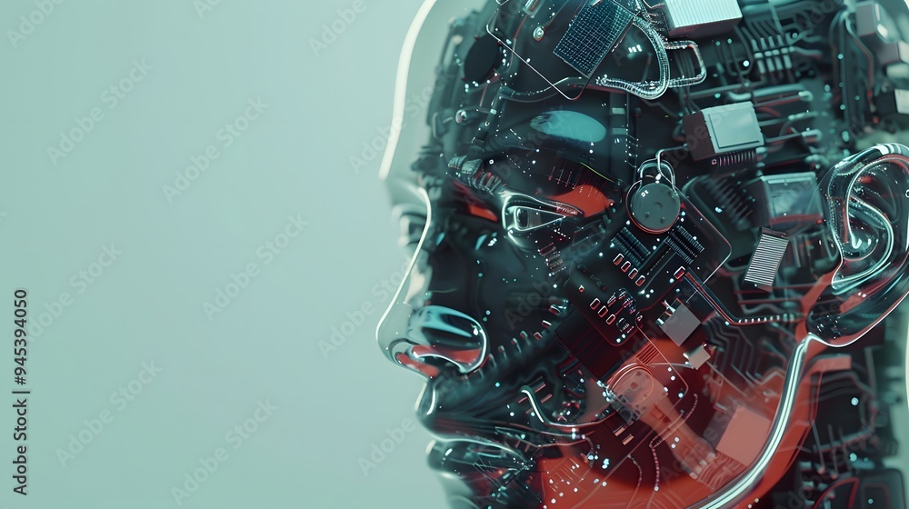 Naklejka premium A human-headed robot composed of artificial intelligence electronic components