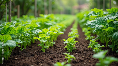 A row of green plants are growing in a field