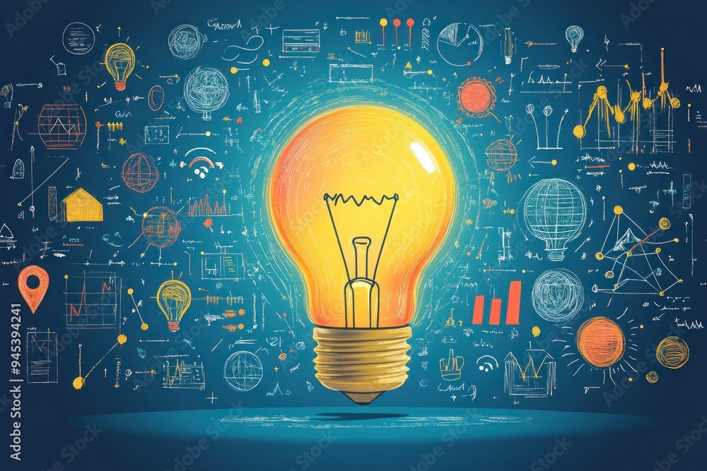 Illuminated Light Bulb Amidst Hand-Drawn Charts and Diagrams on a Blue Background Illuminated Light Bulb Amidst Hand-Drawn Charts and Diagrams on a Blue Background