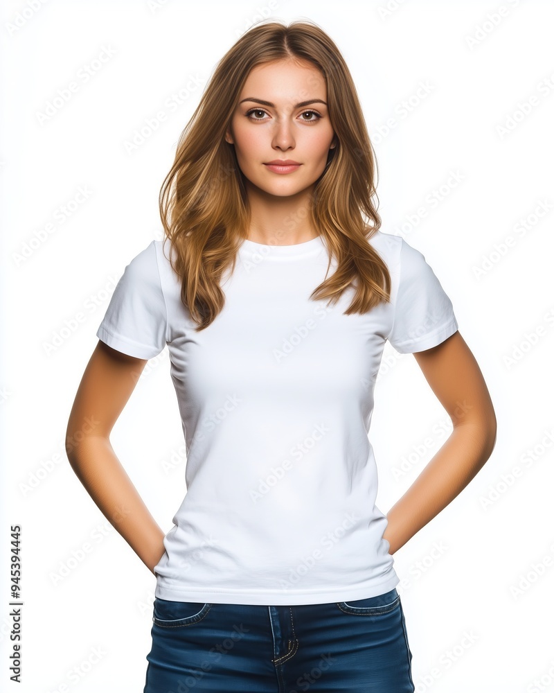 Woman in white t-shirt and jeans, hands in pockets