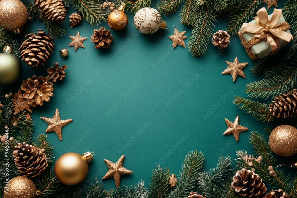 Christmas ornaments and pine branches on a green background, featuring gold and green baubles with pine cones. Christmas ornaments and pine branches on a green background, featuring gold and green baubles with pine cones.