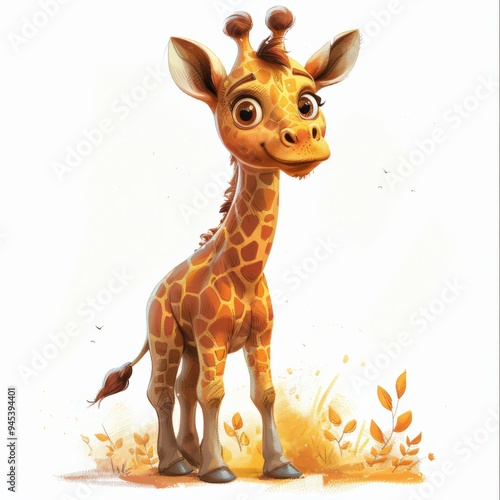 A cartoon illustration of a baby giraffe standing in a field of fallen leaves. The giraffe has a sweet, curious expression and is depicted in a cartoon style that is appropriate for children photo