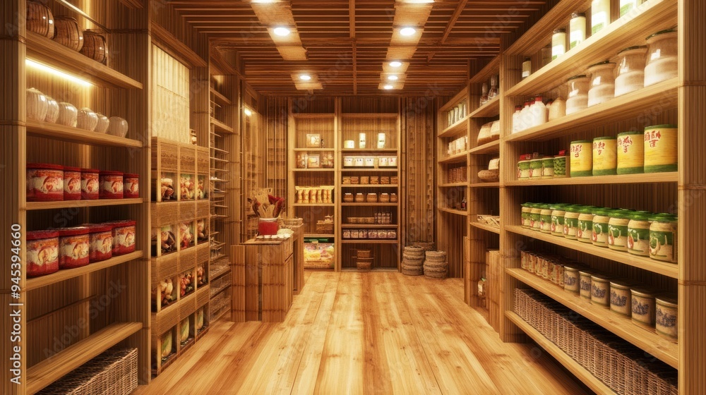 Wooden shelves lined with jars and cans in a rustic pantry with wooden floors and a wooden ceiling. Wooden shelves lined with jars and cans in a rustic pantry with wooden floors and a wooden ceiling.