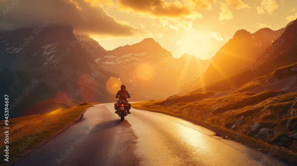 A person is riding a motorcycle down a winding mountain road during sunset A person is riding a motorcycle down a winding mountain road during sunset