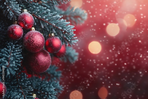 Frosted pine branches with red Christmas ornaments on red background. photo