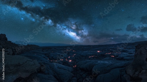 Beneath a star-studded sky, the rugged volcanic landscape is intermittently illuminated by glowing molten cracks, painting a stark contrast between earth and cosmos. photo