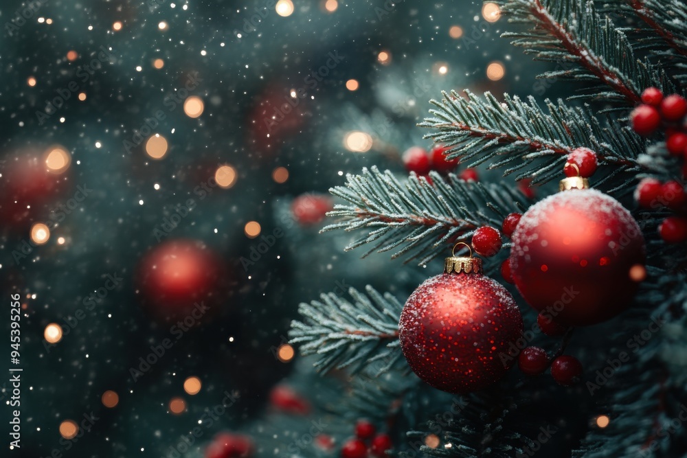 Christmas tree branches with red baubles and falling snowflakes. Christmas tree branches with red baubles and falling snowflakes.