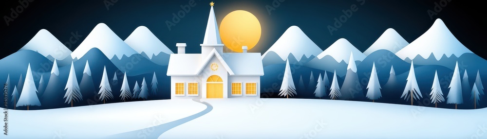 A snowy landscape with a church, mountains, and a full moon. A snowy landscape with a church, mountains, and a full moon.
