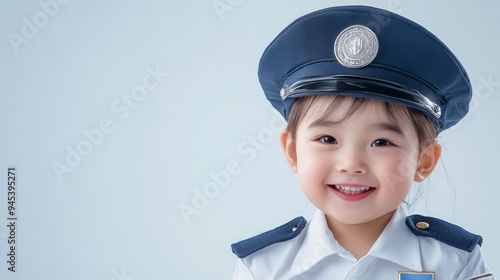 Happy Little Girl in Pilot Uniform and Hat Smiling