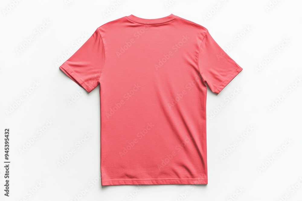 A simple coral pink t-shirt is showcased on a white background, displaying its back view, focusing on its plain design and smooth texture, ideal for casual wear. A simple coral pink t-shirt is showcased on a white background, displaying its back view, focusing on its plain design and smooth texture, ideal for casual wear.