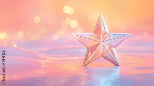 A 3D Christmas star glowing softly on a pastel coral background