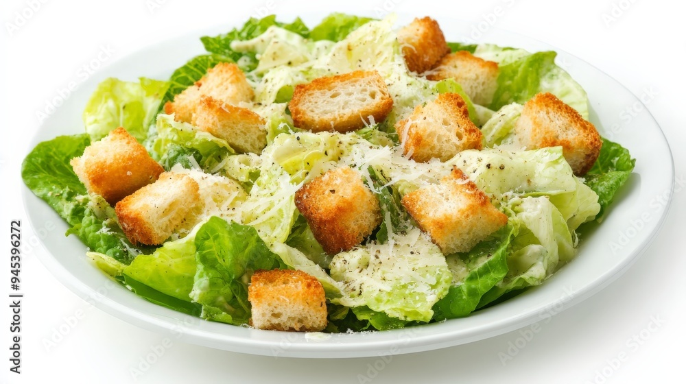 This image displays a Caesar salad served on a round white plate, featuring fresh green leaves, crunchy croutons, and a dusting of grated cheese, highlighting a delicious meal option. This image displays a Caesar salad served on a round white plate, featuring fresh green leaves, crunchy croutons, and a dusting of grated cheese, highlighting a delicious meal option.