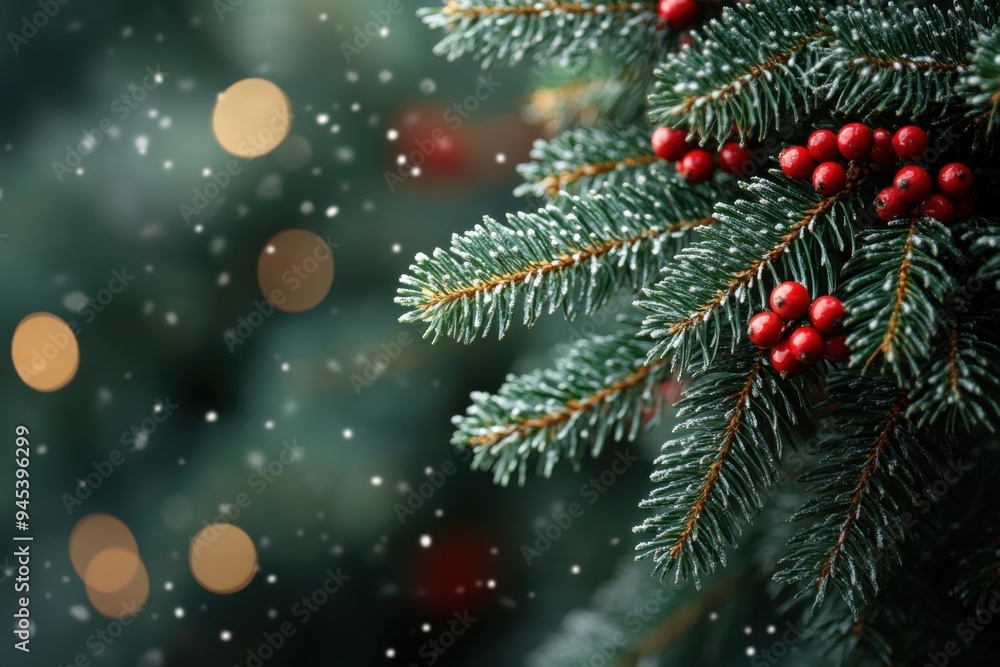 Snow-covered Christmas tree branch with red berries and bokeh lights. Snow-covered Christmas tree branch with red berries and bokeh lights.