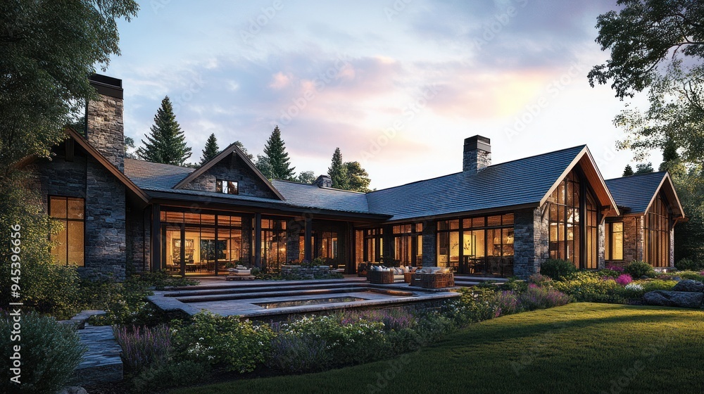Modern stone house with large windows and a patio overlooking a manicured lawn. Modern stone house with large windows and a patio overlooking a manicured lawn.
