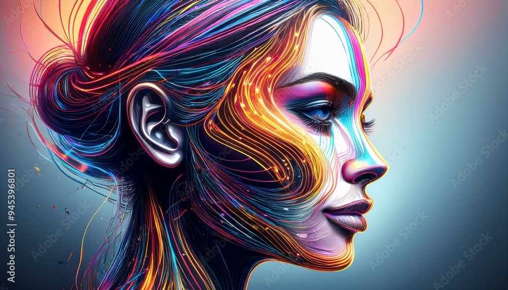 Vibrant face sketch with abstract shapes swirling around, colors blend dreamily. Vibrant face sketch with abstract shapes swirling around, colors blend dreamily.